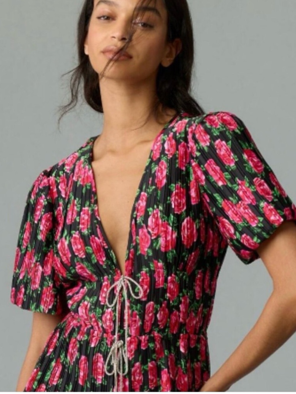 Wayf Black Mini Dress with Pink Rose Print